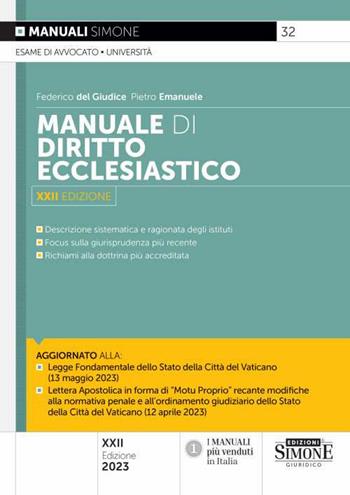 Manuale di diritto ecclesiastico. Nuova ediz. - Federico Del Giudice, Pietro Emanuele - Libro Edizioni Giuridiche Simone 2023, Manuali | Libraccio.it