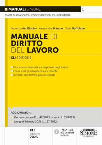 Manuale di biritto del lavoro - Federico Del Giudice, Alessandra Marano, Carla Buffolano - Libro Edizioni Giuridiche Simone 2023, Manuali | Libraccio.it