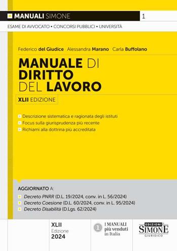 Manuale di diritto del lavoro - Federico Del Giudice, Fausto Izzo, Alessandra Marano - Libro Edizioni Giuridiche Simone 2024, Manuali | Libraccio.it
