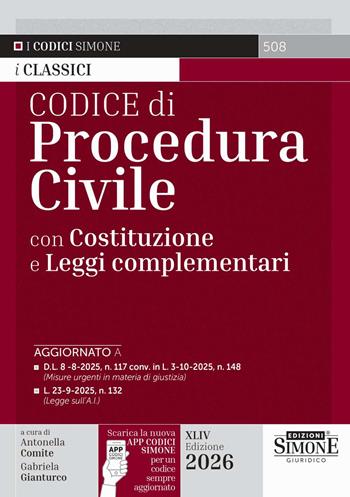Codice di procedura civile con Costituzione e leggi complementari. Con la nuova APP CODICI SIMONE per un codice sempre aggiornato  - Libro Edizioni Giuridiche Simone 2025, Codici. Collana legislativa | Libraccio.it