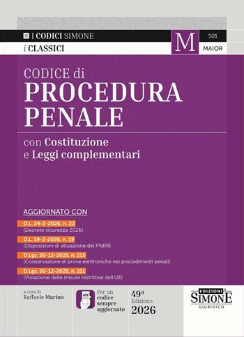 Codice di procedura penale con Costituzione e leggi complementari. Con APP CODICI SIMONE per un codice sempre aggiornato  - Libro Edizioni Giuridiche Simone 2026, Codici. Collana legislativa | Libraccio.it