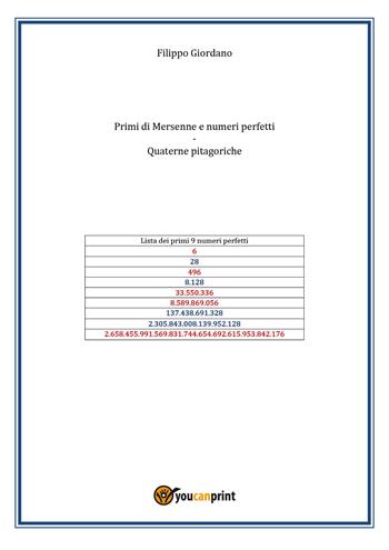 Primi di Mersenne e numeri perfetti. Quaterne pitagoriche - Filippo Giordano - Libro Youcanprint 2026 | Libraccio.it