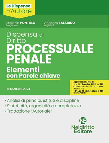 Dispensa di diritto processuale penale. Elementi con parole chiave  - Libro Neldiritto Editore 2023, Dispense d'autore | Libraccio.it