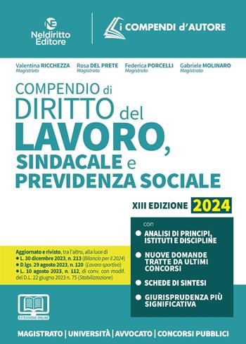 Compendio di diritto del lavoro, sindacale e della previdenza sociale. Nuova ediz. - Rosa Del Prete, Valentina Ricchezza - Libro Neldiritto Editore 2024 | Libraccio.it