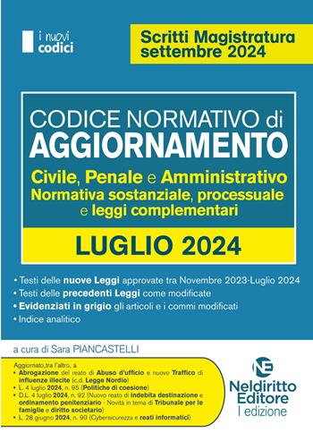Codice normativo di aggiornamento. Civile, penale e amministrativo. Normativa sostanziale, processuale e leggi complementari. Luglio 2024  - Libro Neldiritto Editore 2024, I nuovi codici | Libraccio.it