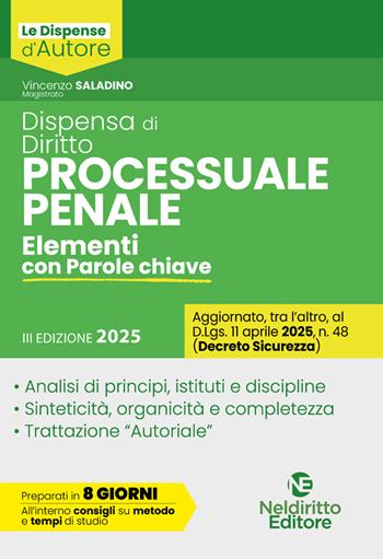 Dispensa di procedura penale 2025 - Vincenzo Saladino - Libro Neldiritto Editore 2025, Dispense d'autore | Libraccio.it