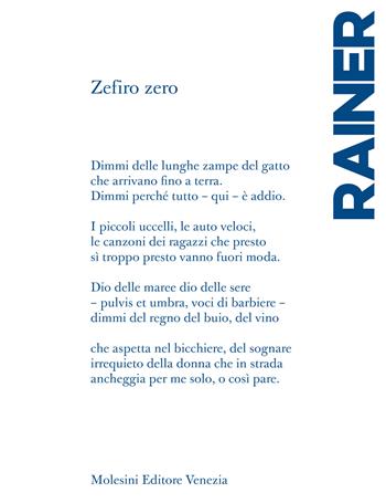 Zefiro zero - Guido Rainer - Libro Molesini Editore Venezia 2024 | Libraccio.it
